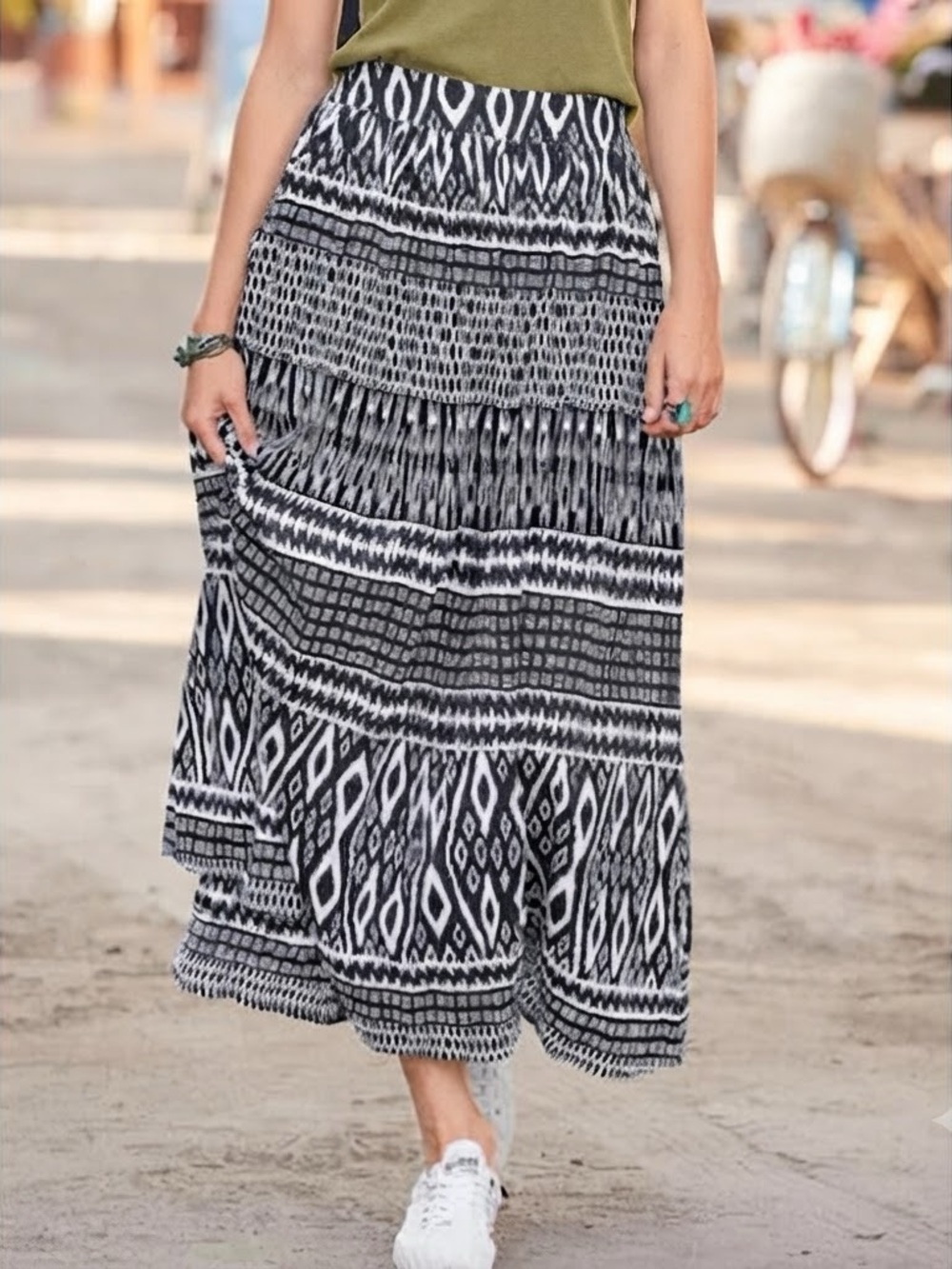 Sundance Blakely Black White Cotton Geometric Ikat Aztec Tiered Maxi Skirt XSP